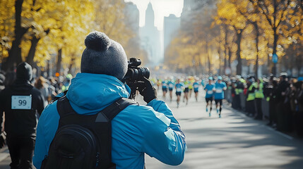 Photographer capturing a marathon in a vibrant autumn setting.
