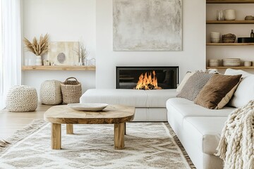 Modern living room interior with a white sectional sofa, a fireplace with burning fire, a wooden coffee table, and a fluffy rug.