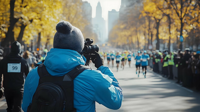 Photographer capturing a marathon in a vibrant autumn setting.