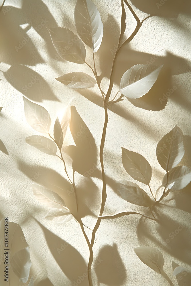 Fototapete a delicate pattern of leaves casts soft shadows on a light background, creating a serene and tranqui