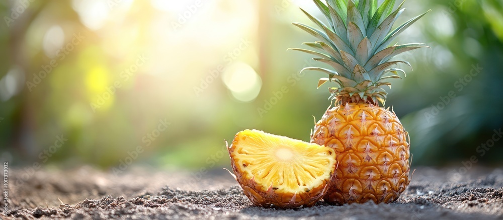 Sticker A whole pineapple and a slice of pineapple on the ground with a blurred green background.