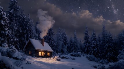 A Cozy Cabin Emits Smoke and Light in a Snow-Covered Forest Under a Starry Night Sky