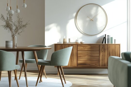 Modern dining room interior with a wooden table, chairs, and a cabinet against a white wall with a clock and a vase of dried flowers.