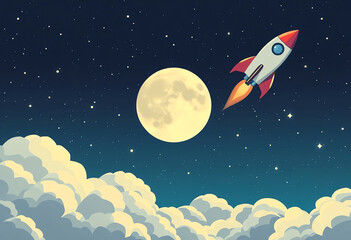 Rocket flying around the moon with cloudy sky illustration