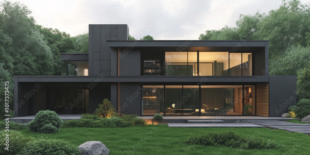 Poster modern black house with large windows and a patio surrounded by green trees.