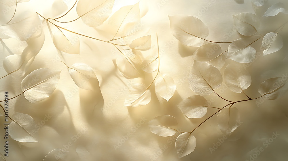 Fototapete A serene, backlit image featuring delicate, translucent leaves, creating a soft, ethereal atmosphere with warm tones.