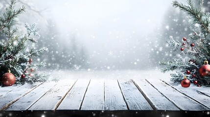 Snowy Wooden Table with Christmas Ornaments and Pine Branches