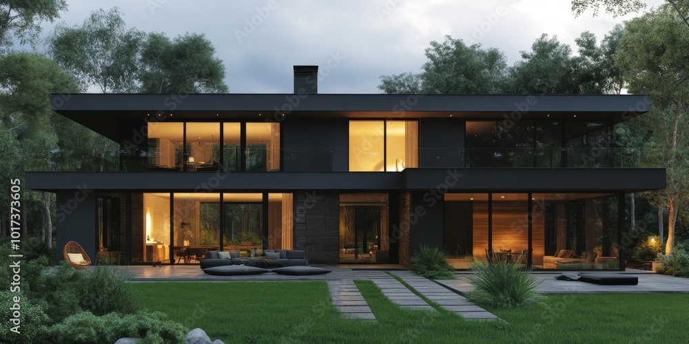 Poster modern black house with large windows and a patio surrounded by trees.