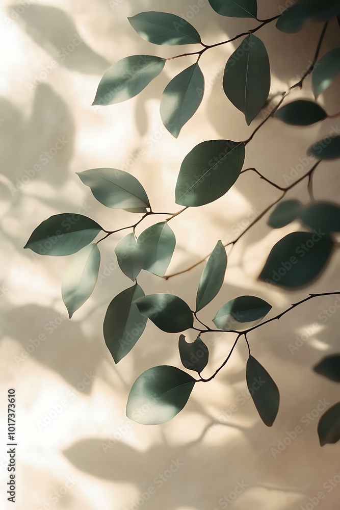 Poster a soft and serene composition of leaves casting shadows against a light background, creating a natur