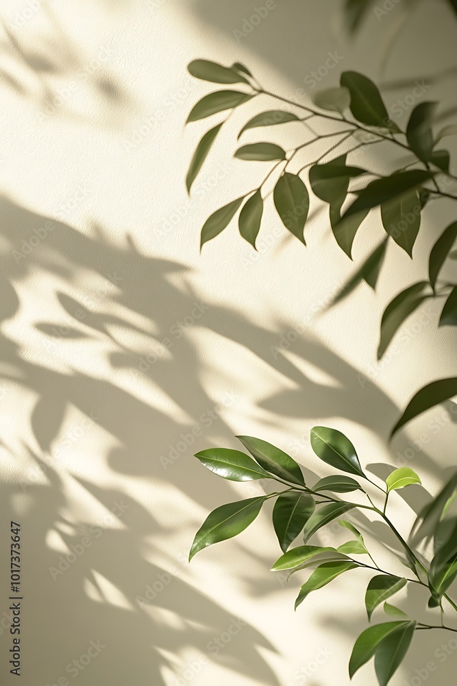 Poster a serene image of green leaves casting shadows on a light-colored wall, creating a tranquil and natu