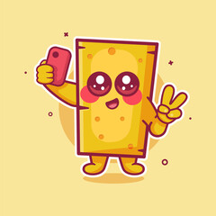 smiling cheese food  character mascot taking a selfie with a smartphone isolated cartoon