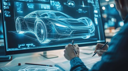 A designer sketching an initial draft of a futuristic car design, pencils and markers in hand, with a large digital screen showing rough 3D models in the background.
