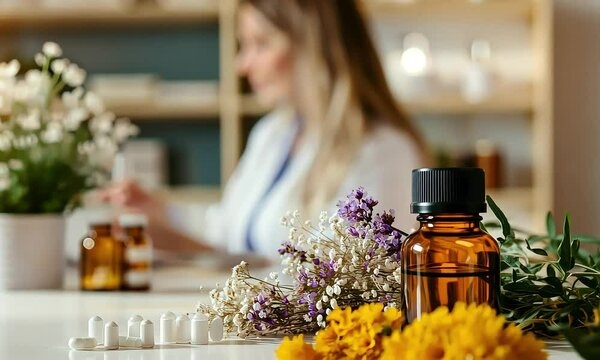Amber Bottle with Flowers in Natural Health Clinic with ai generated.
