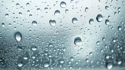 A detailed view of condensation on a glass surface, where each micro droplet is perfectly rounded, creating a natural pattern and magnifying the details behind the glass