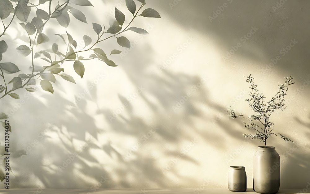 Fototapete a serene, minimalist composition featuring soft shadows from leaves on a wall, with a simple vase an