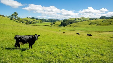 Fototapeta premium A serene landscape depicting a vast field of lush greenery where black and white cows leisurely graze under a clear blue sky. In the foreground, one cow approaches the camera, 