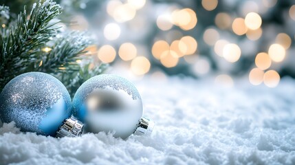 Two Silver Christmas Ornaments Resting in Fresh Snow