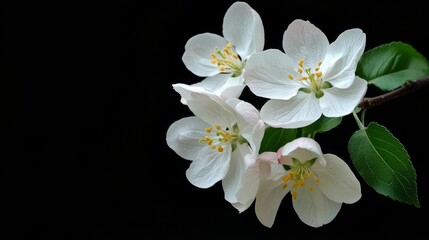 White apple flowers, elegant and ethereal, against black.