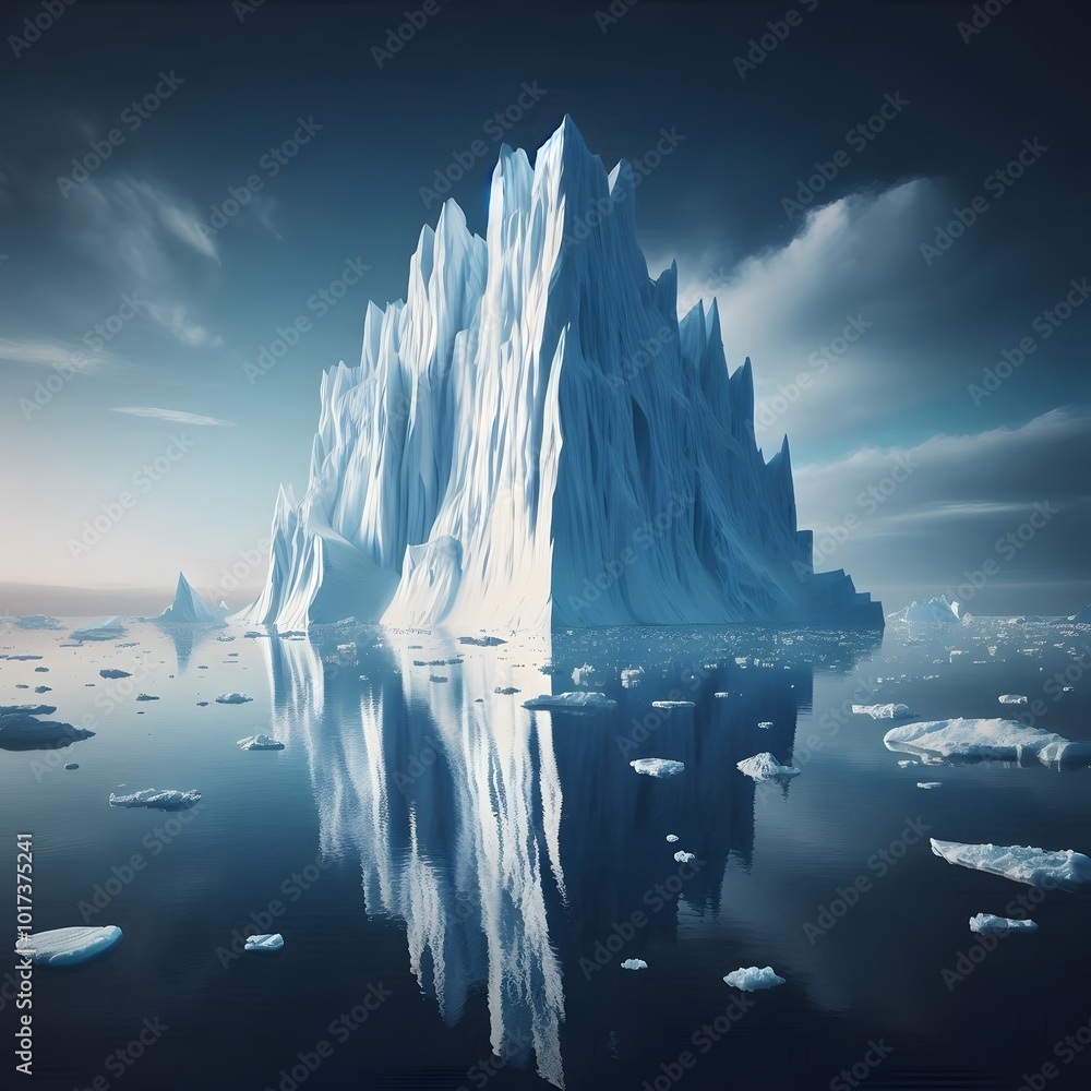 Poster iceberg in the ocean with reflection in water. 3d render generated by ai