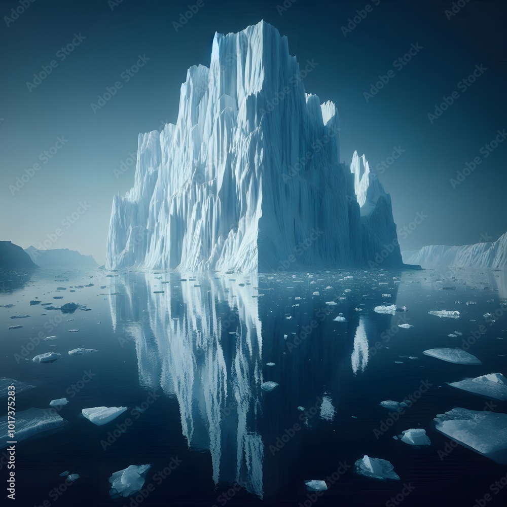 Poster iceberg in the ocean with reflection in water. 3d render generated by ai