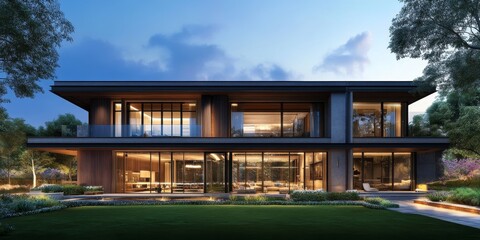 Obraz premium Modern two-story home with large windows, a patio, and a manicured lawn.