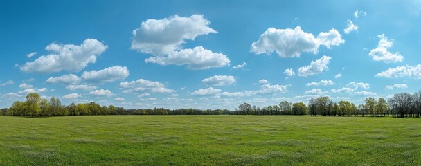 Green field with white clouds and trees under a blue sky.
