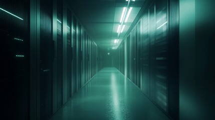 A long, dimly lit hallway in a data center with rows of server racks on either side.