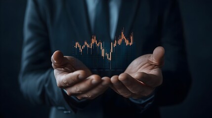 Businessman Holding a Graph Showing the Rise of the Market Featuring a Flat Design Layout and a Triadic Color Scheme  The Image Conveys a Theme of Financial Success and Growth