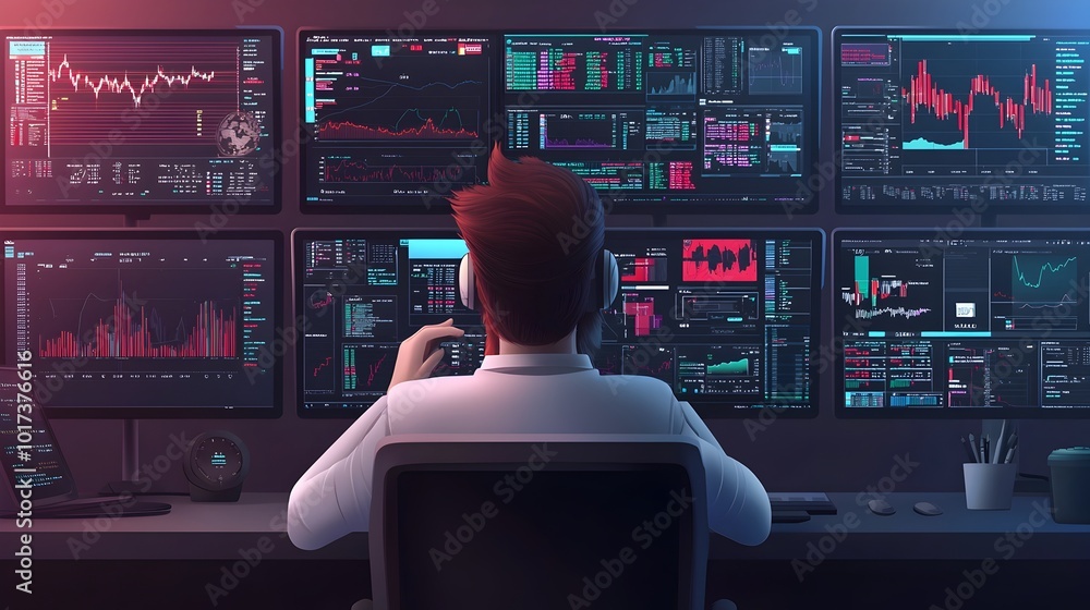 Poster businessman surrounded by multiple digital screens showing detailed market data and financial inform
