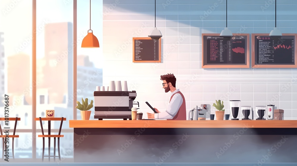 Poster side view of a casual businessman sitting at a coffee shop table working on a laptop computer and an