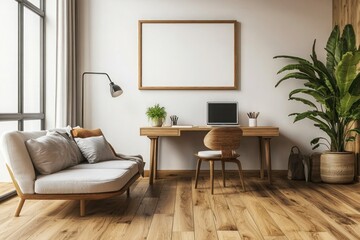 Cozy, minimalistic living room with warm wooden flooring, a contemporary work desk, and a frame mockup above, blending comfort and productivity.
