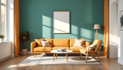 A modern Scandinavian living room with a vibrant yellow and orange sofa, teal wall, and minimalist poster frame, creating a warm, stylish, and inviting space bathed in natural light