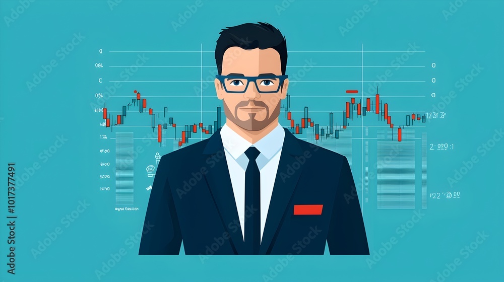Poster cartoon style of a businessman standing in front of a exchange display surrounded by corporate finan