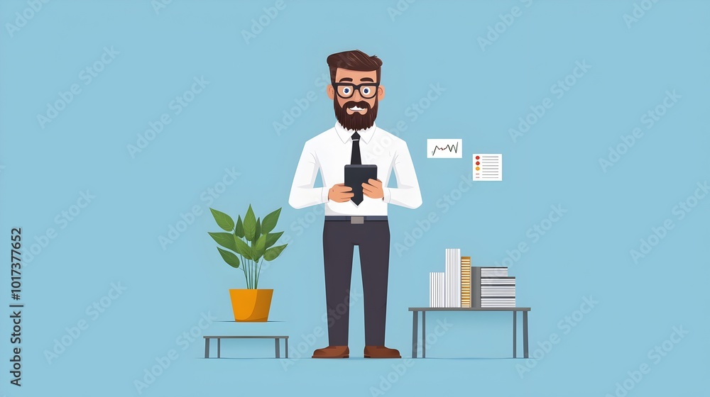 Poster businessman using smartphone to monitor prices flat cartoon style design with split complementary co