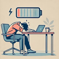 A tired individual slumped over their desk, with a low battery icon above symbolizing exhaustion and depletion of energy after overwork
