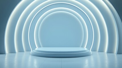 Obraz premium Circular Platform with Glowing Arches in a Minimalist Blue Setting