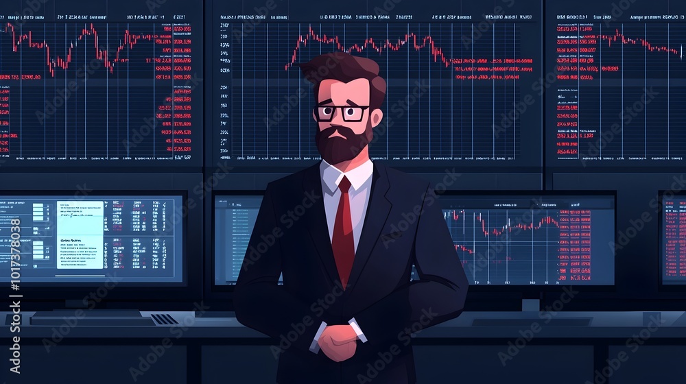 Poster businessman in formal suit carefully examining exchange data and graphs displayed on a digital finan