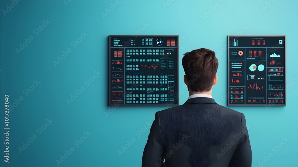 Poster businessman in a suit examining financial data and market information on a flat design front view di
