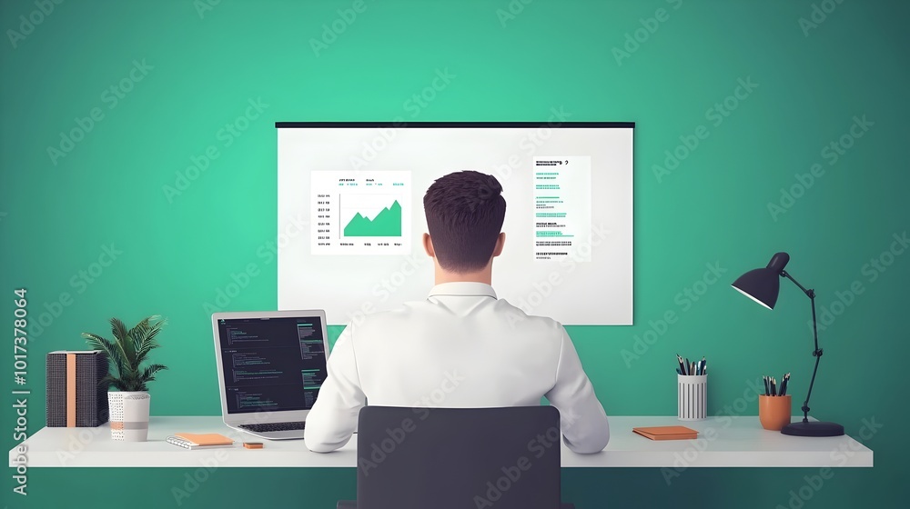 Poster businessman making a presentation in front of a whiteboard displaying data and financial information