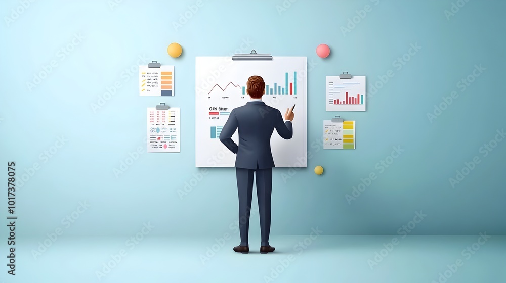 Poster businessman making a presentation in front of a whiteboard displaying data financial charts and anal