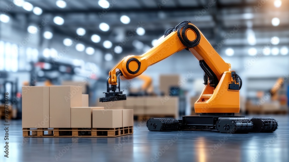 Poster robotics with conveyor and large machines in warehouse