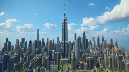 Naklejka premium A panoramic view of a modern city skyline with skyscrapers and buildings under a blue sky with clouds.