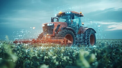 Agriculture Holographic tractor on a field