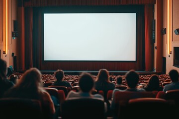 Obraz premium A movie theater audience awaits the start of the film with a blank screen.
