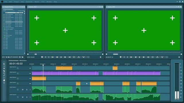 Video editor software interface used for masking clips over green screens during media production. Filmmaking application UI showing mockup chroma key footage being modified