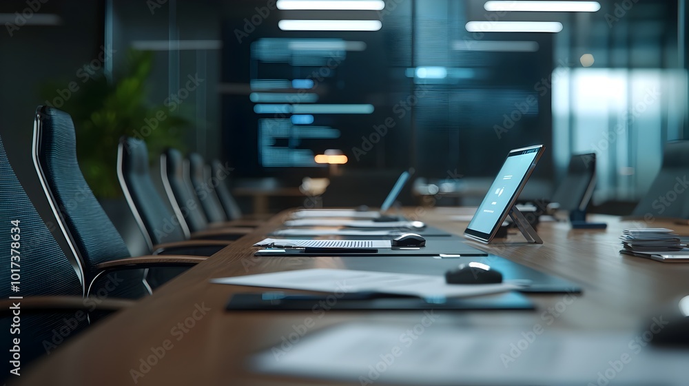 Poster cutting edge business merger signing using augmented reality technology and hologram documents in a 
