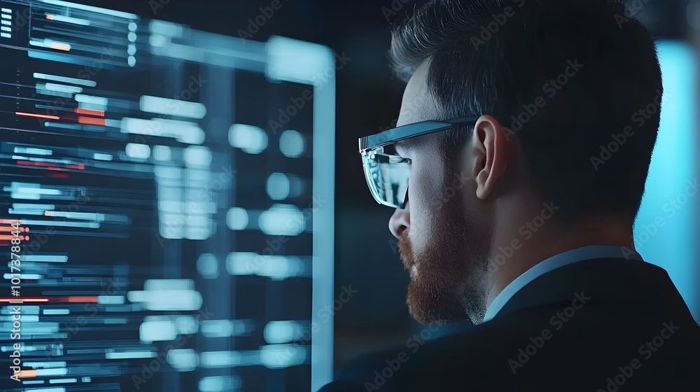 Poster businessman embracing holographic analytics in sleek tech infused office a glimpse into the future o