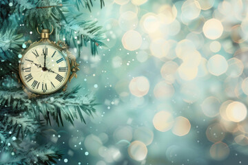 A clock hanging on a Christmas tree, surrounded by colorful ornaments and twinkling lights.