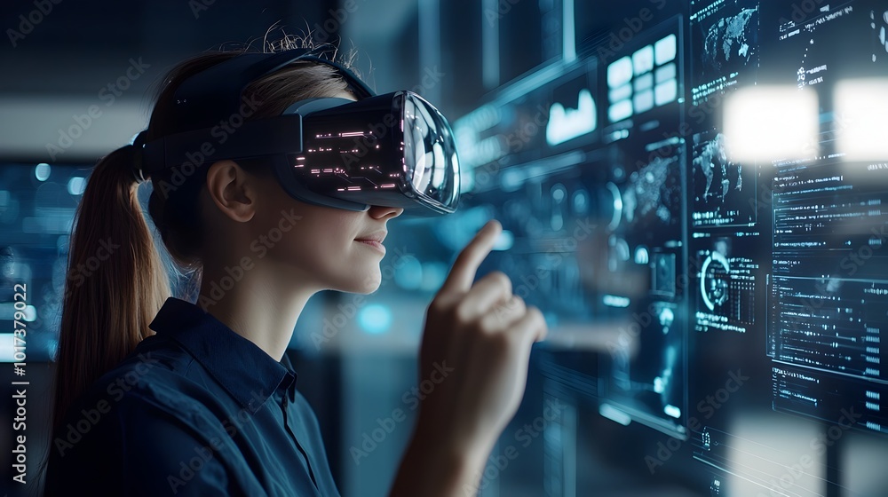 Poster innovative business hub with augmented reality brainstorming session showcasing futuristic team in a
