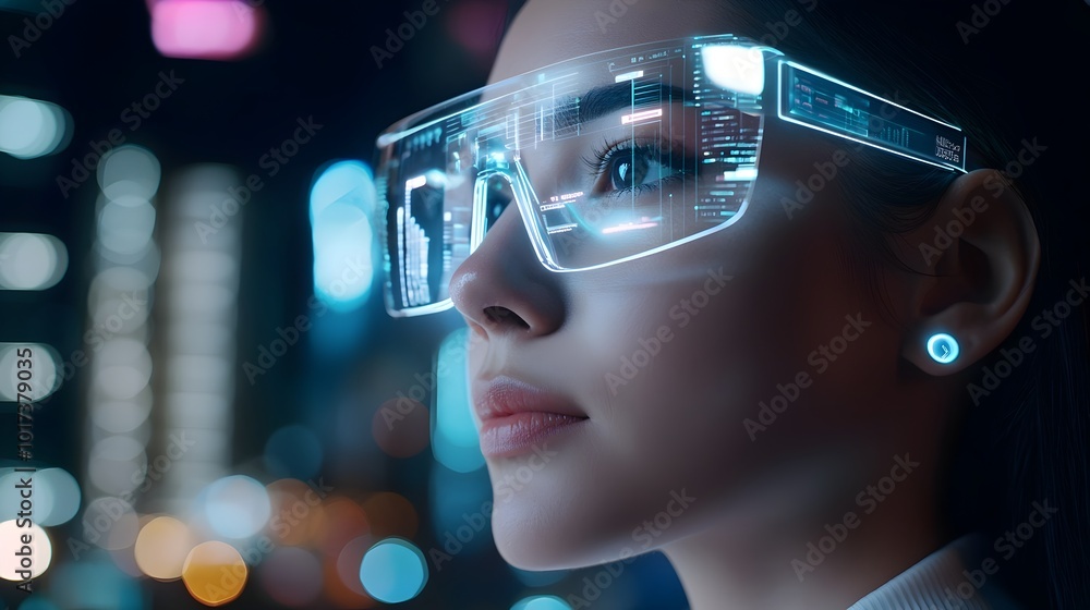 Poster futuristic businesswoman interacting with augmented reality analytics dashboard displaying futuristi